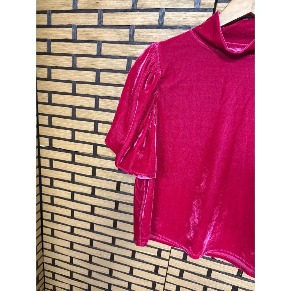 Free People‎ Pink Velvet Puff Sleeve Mock Neck Top Size Small